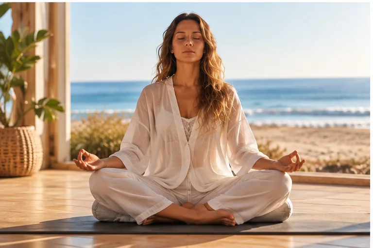 Meditation class, a woman in white sitting by the sea