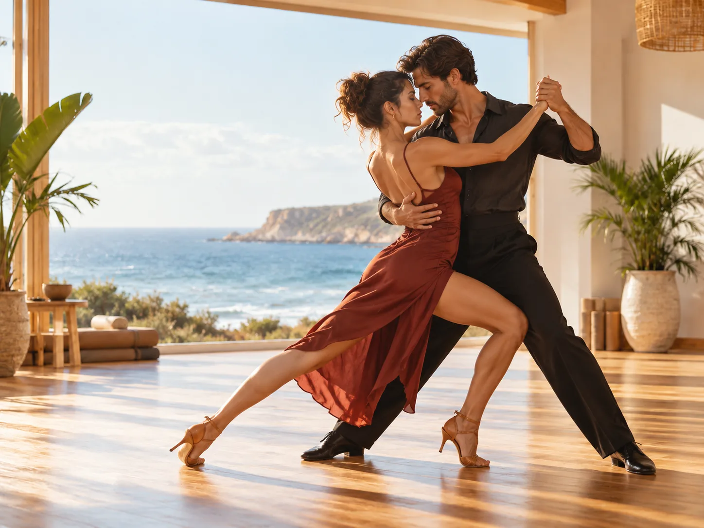 Tango class, a couple dancing in a studio by the sea