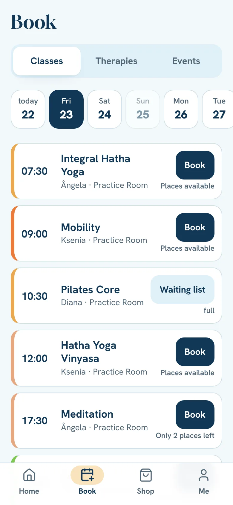 The day's timetable, with each class's state