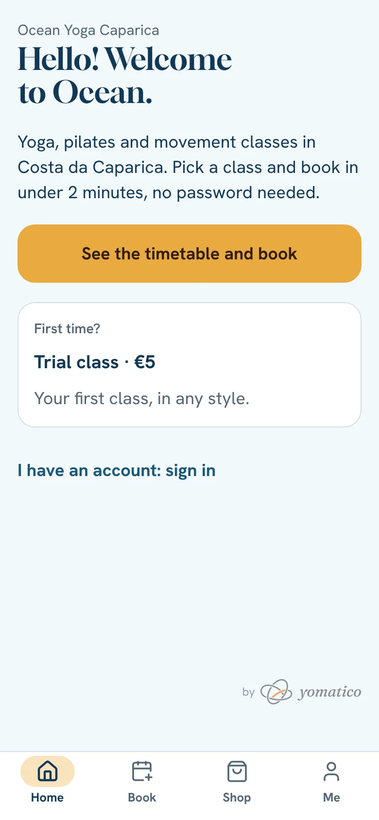 The app's welcome page