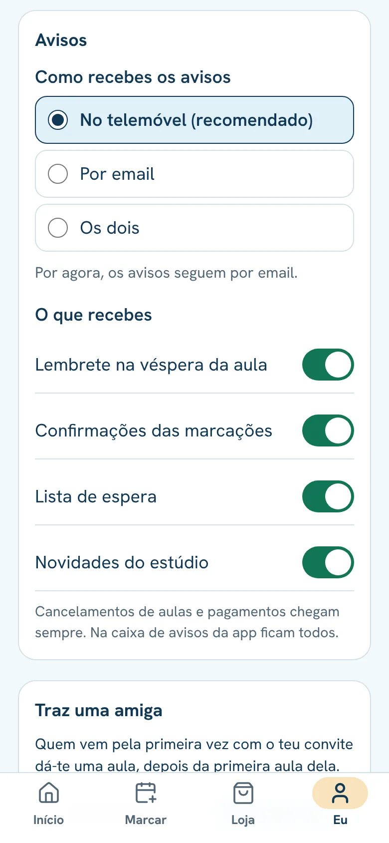 As definições de avisos