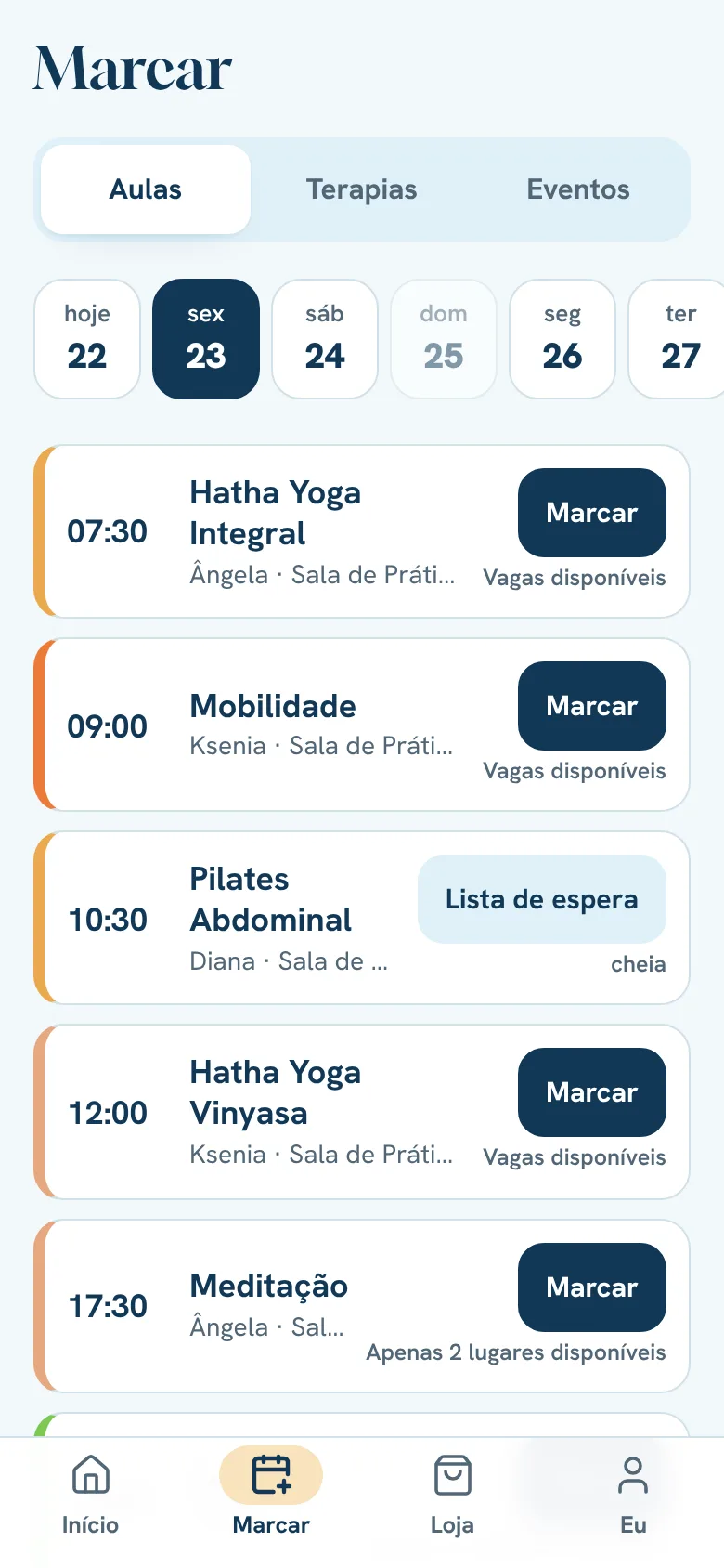 O horário do dia, com o estado de cada aula