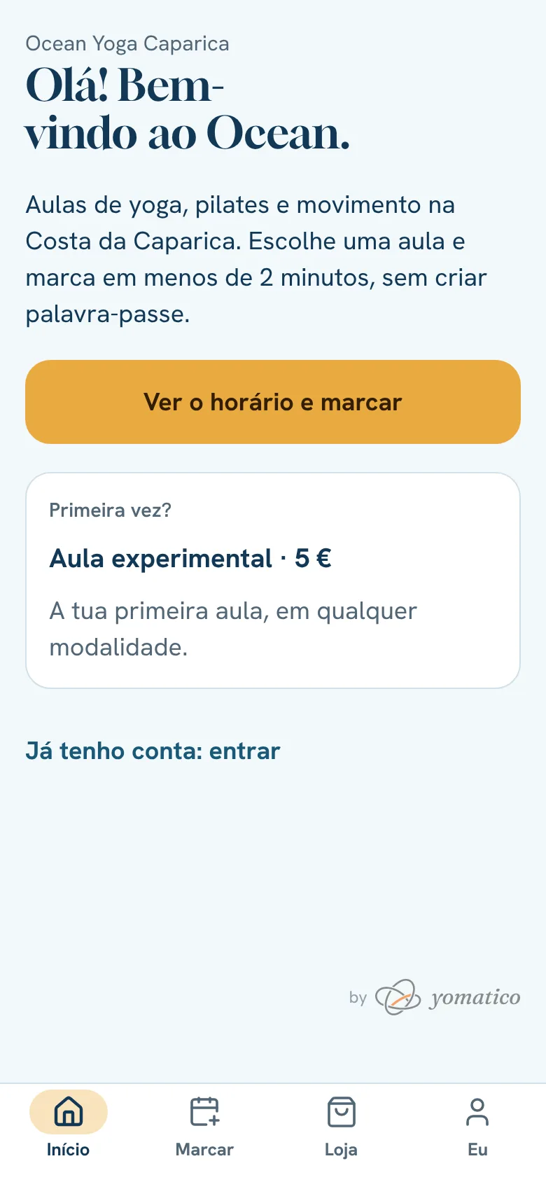A página de boas-vindas da app
